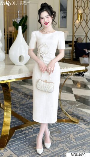 Váy Thiết Kế MDU4490 – Màu Trắng Tinh Khôi Thiết Kế Ôm Body Hoa Đính Eo Cách Điệu
