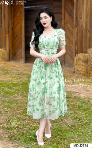 Váy Thiết Kế MDU2734 – Màu Xanh Bắt Mắt Dáng Dài Tay Bồng Cổ Vuông Tinh Tế