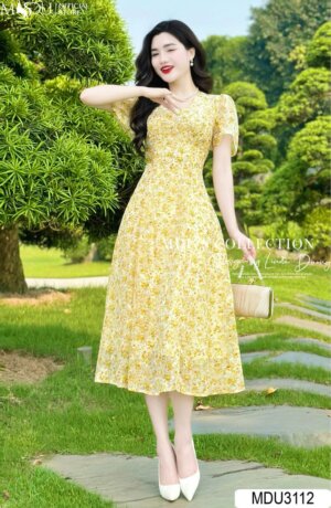 Váy Thiết Kế MDU3112 – Dáng Xòe Cổ Chữ V Tinh Tế Phối Màu Sắc Bắt Mắt
