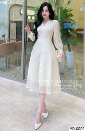 Váy Thiết Kế MDU3392 – Dáng Xòe Tay Dài Màu Trắng Thanh Lịch Tinh Tế