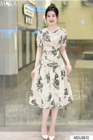 Váy Thiết Kế MDU3610 – Dáng Chữ A Tay Bồng Phối Cùng Họa Tiết Bắt Mắt Chiết Eo Tinh Tế