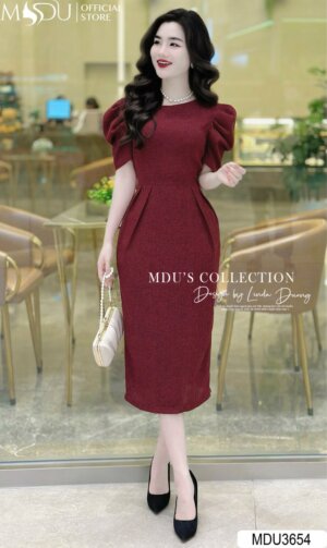Váy Thiết Kế MDU4400 - Màu Đỏ Sang Chảnh Tay Bồng Dáng Ôm Chiết Eo Tạo Điểm Nhấn