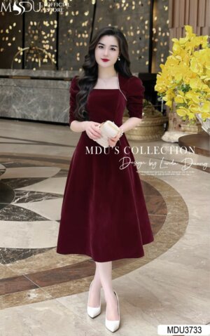 Váy Thiết Kế MDU3733 – Chất Nhung Cao Cấp Phối Cùng Cổ Vuông Cách Điệu Đính Ngọc Sang Trọng