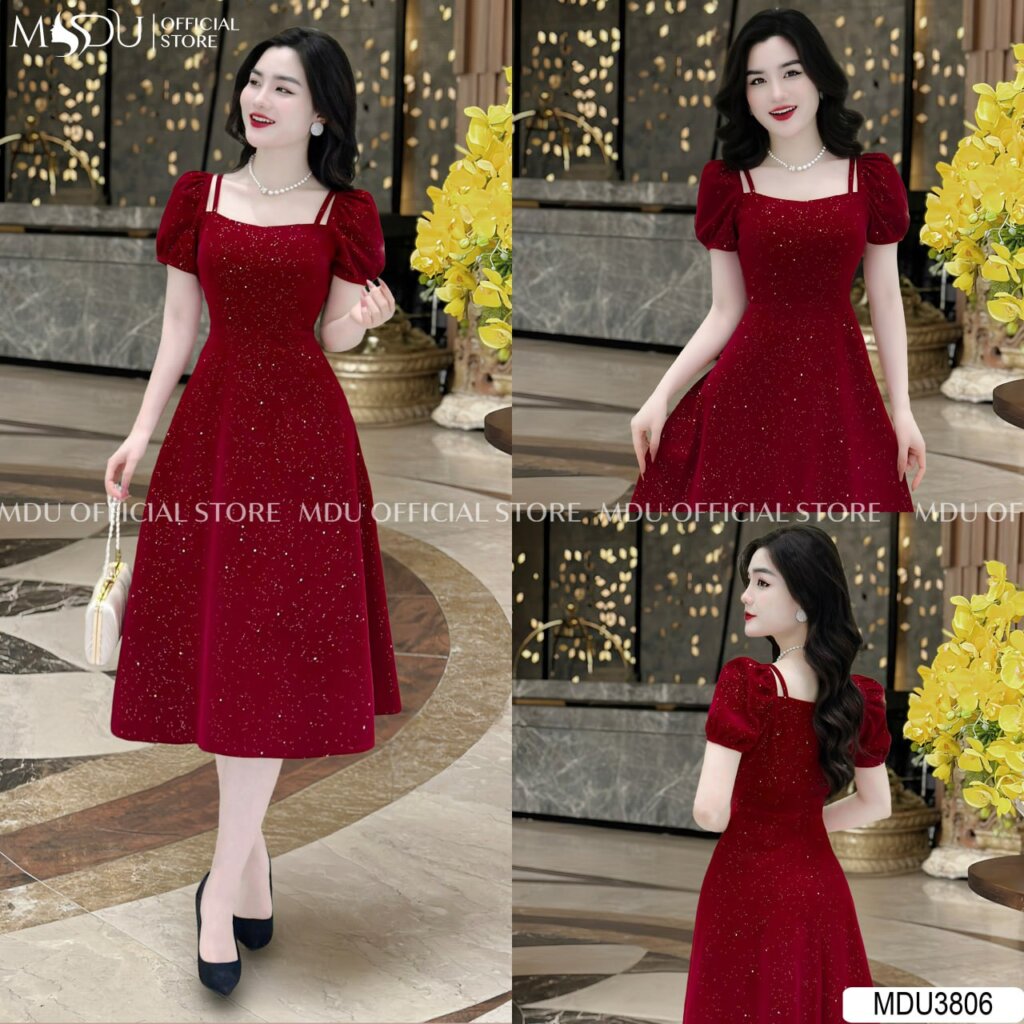 Đầm Dự Tiệc Cổ Vuông Đính Kim Sa