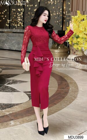 Váy Thiết Kế MDU3899 – Màu Đỏ Sang Chảnh Quyến Rũ Phối Cùng Chất Ren Được Thiết Kế Cầu Kỳ