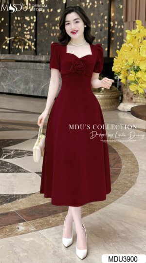 Váy Thiết Kế MDU3900 – Màu Đỏ Quyến Rũ Cổ Vuông Thanh Lịch Cùng Đường May Tỉ Mỉ