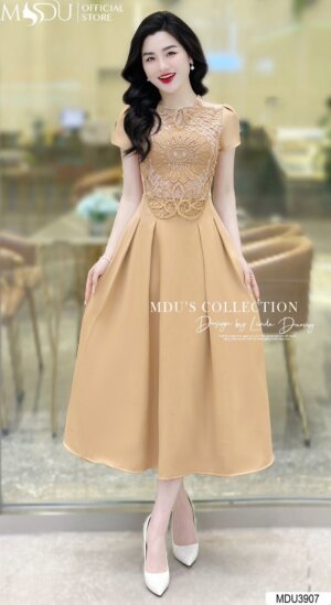 Váy Thiết Kế MDU3907 – Màu Sắc Bắt Mắt Kết Hợp Chất Liệu Ren Dệt Hình Nổi Cao Cấp