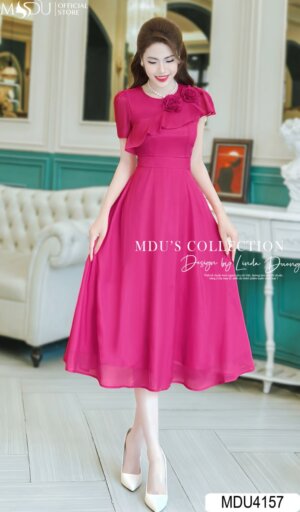 Váy Thiết Kế MDU4157 – Màu Hồng Thiết Kế Tay Ngắn Tinh Tế Đính Hoa Tạo Điểm Nhấn