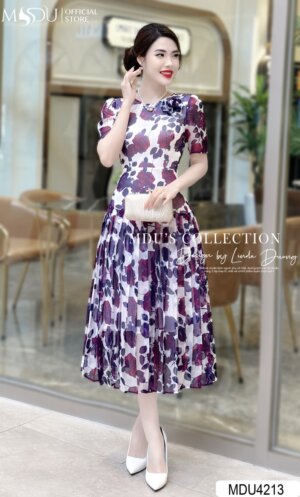 Váy Thiết Kế MDU4213 – Dáng Xòe Màu Sắc Bắt Mắt Kết Hợp Họa Tiết Hoa Hài Hòa