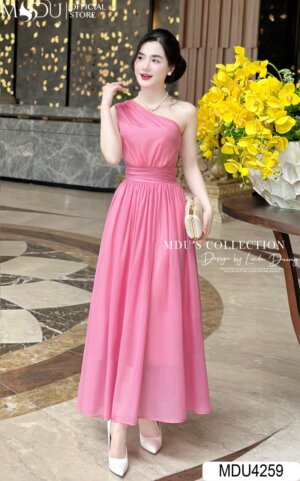 Váy Thiết Kế MDU4259 – Màu Hồng Nhẹ Nhàng Lệch Vai Chiết Eo Tạo Điểm Nhấn Cho Váy