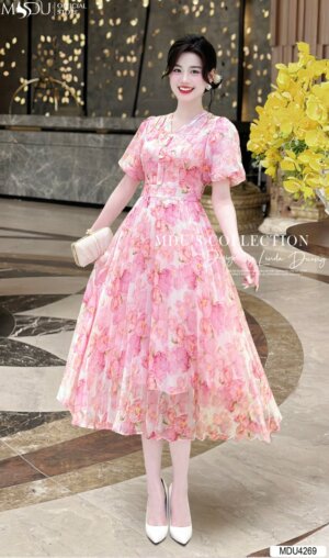 Váy Thiết Kế MDU4269 – Dáng Xòe Nhẹ Màu Hồng Nhẹ Nhàng Tay Bồng Điệu Đà