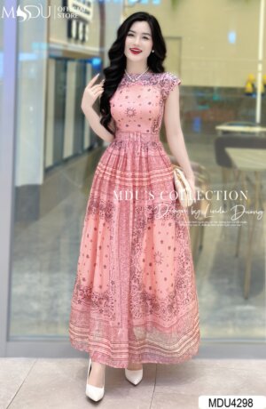 Váy Thiết Kế MDU4298 – Màu Hồng Cam Dáng Dài Tay Hến Cách Điệu