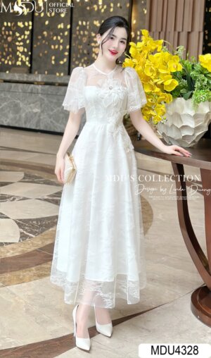 Váy Thiết Kế MDU4328 – Chất Ren Dáng Xòe Nhẹ Cùng Họa Tiết Nổi Độc Đáo Trên Váy