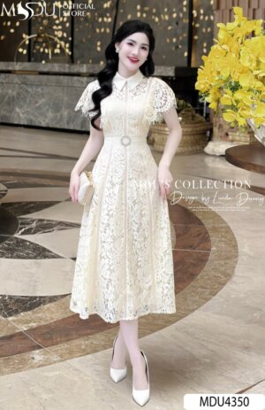 Váy Thiết Kế MDU4350 – Chất Ren Cao Cấp Phối Cùng Màu Be Tay Bồng Cách Điệu