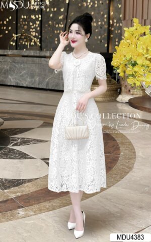 Váy Thiết Kế MDU4383 – Dáng Dài Màu Trắng Tinh Khôi Đính Hoa Tinh Tế