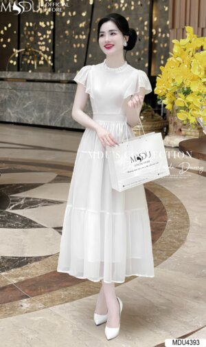 Váy Thiết Kế MDU4393 – Màu Trắng Tinh Khôi Dáng Tay Cánh Tiên Phối Cùng Cổ Cách Điệu