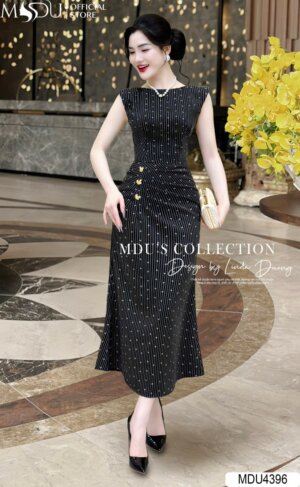 Váy Thiết Kế MDU4396 – Dáng Tay Hến Cùng Gam Màu Đen Phối Họa Tiết Trắng Sang Trọng Tạo Điểm Nhấn