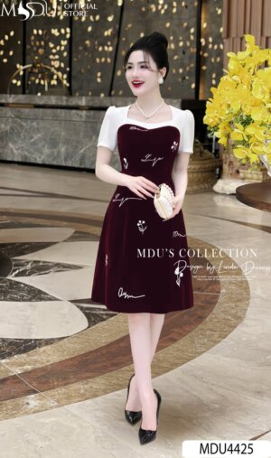 Váy Thiết Kế MDU4425 – Chất Liệu Nhung Hàn Phối Mango Ý Màu Sắc Sang Trọng