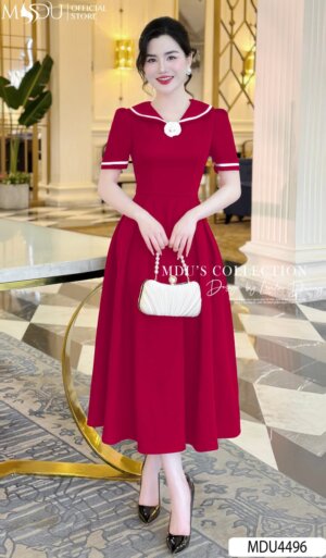 Váy Thiết Kế MDU4496 – Màu Đỏ Quyến Rũ Cổ Sơ Mi Đính Hoa Cách Điệu Dáng Dài Xòe Nhẹ