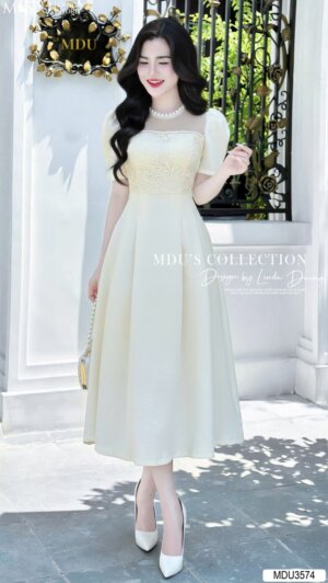 Váy Thiết Kế MDU3574 – Tay Bồng Cách Điệu Kết Hợp Cùng Gam Màu Be Bắt Mắt