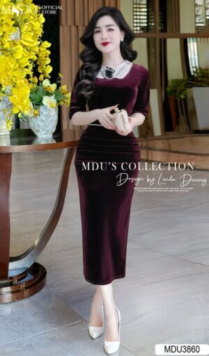 Váy Thiết Kế MDU3860 – Dáng Ôm Body Chiết Eo Tôn Dáng Đính Hoa Cách Điệu