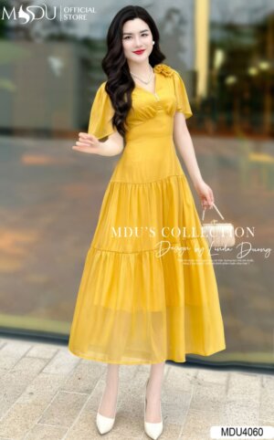 Váy Thiết Kế MDU4060 – Màu Vàng Bắt Mắt Xếp Ly Cách Điệu Phối Cùng Cổ Chữ V Tinh Tế