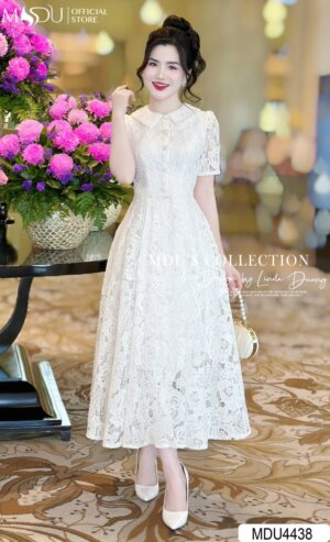 Váy Thiết Kế MDU4438 – Chất Ren Phối Cùng Tông Trắng Tinh Khôi Cổ Sơ Mi Đính Cúc Nghệ Thuật