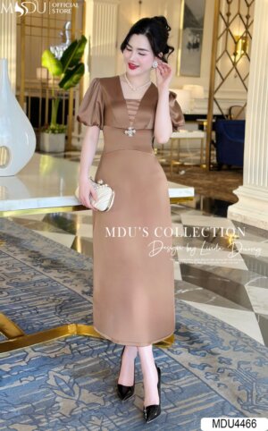 Váy Thiết Kế MDU4466 – Dáng Ôm Body Màu Nâu Đính Đá Ở Eo Sang Chảnh