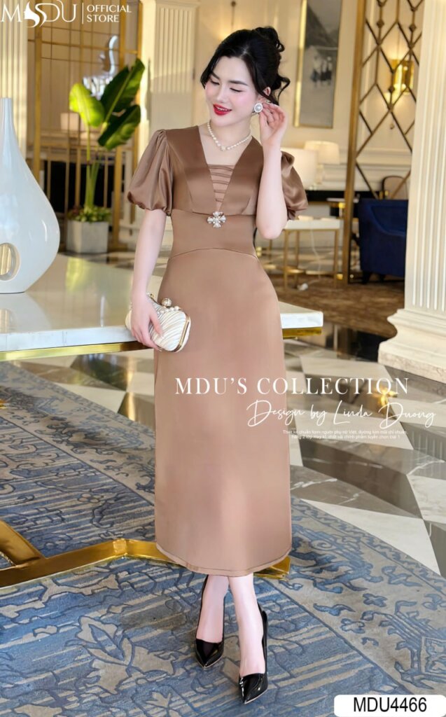 Đầm Dự Tiệc Lụa Cổ V