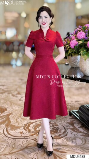 Váy Thiết Kế MDU4488 –  Màu Đỏ Quyến Rũ Dáng Xòe Cổ Cách Điệu Đính Nơ Tinh Tế Tay Ngắn Thanh Lịch