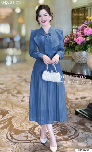 Váy Thiết Kế MDU4491 – Dáng Váy Dài Phối Cùng Các Đường Xếp Ly Nhẹ Nhàng Thắt Nơ Tinh Tế Ở Cổ