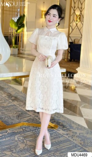 Váy Thiết Kế MDU4469 – Chiết Eo Tôn Dáng Tay Phồng Nhẹ Cổ Sơ Mi Thanh Lịch