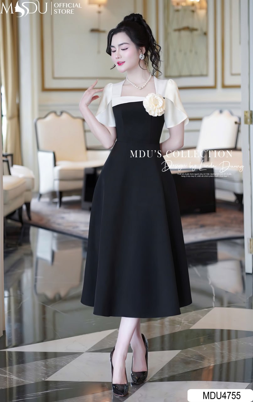 Đầm dự tiệc màu đen cho người mập cổ V