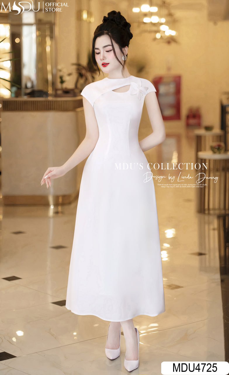 Đầm dự tiệc màu trắng lệch vai 