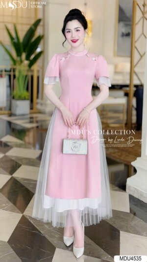 Váy Thiết Kế MDU4535 Tay Bồng Cổ Đính Ngọc, Vai Đính Đá Tinh Xảo