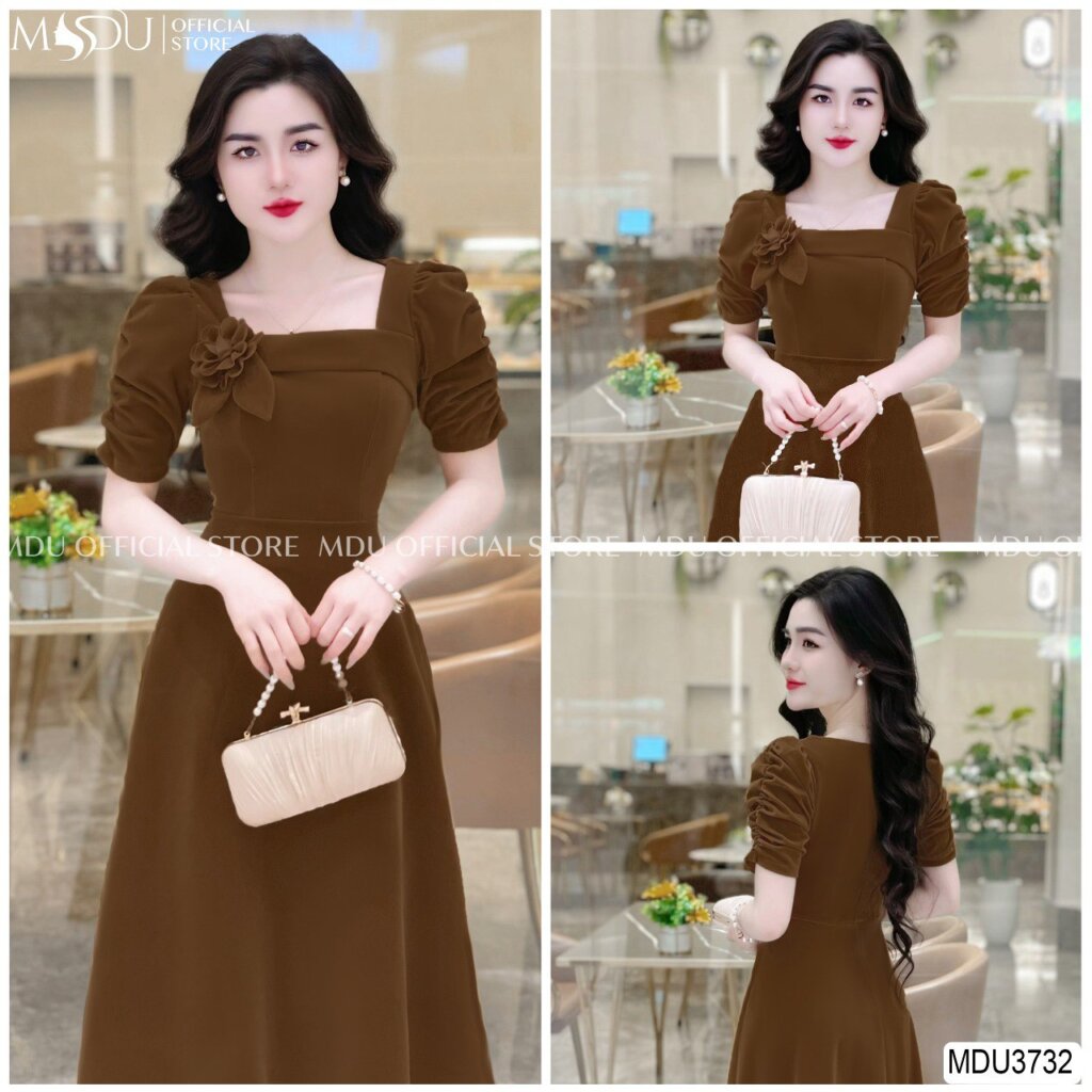 Đầm Dự Tiệc Cổ Vuông Tay Bồng 