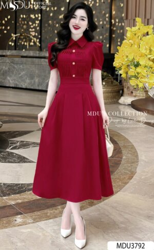 Váy Thiết Kế MDU3792 Màu Đỏ Quyến Rũ Đính Cúc Cách Điệu