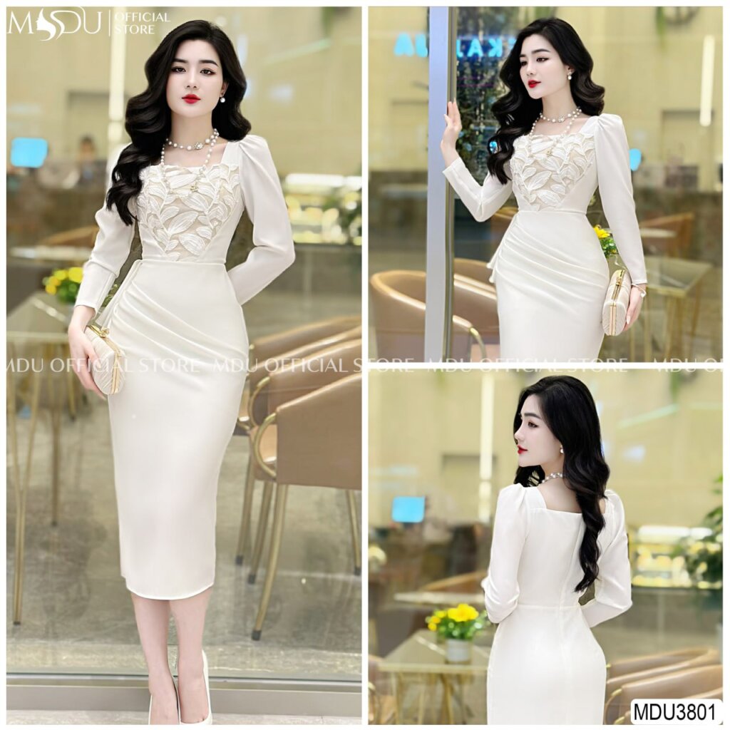 Đầm Dự Tiệc Cổ Vuông Họa Tiết Nổi