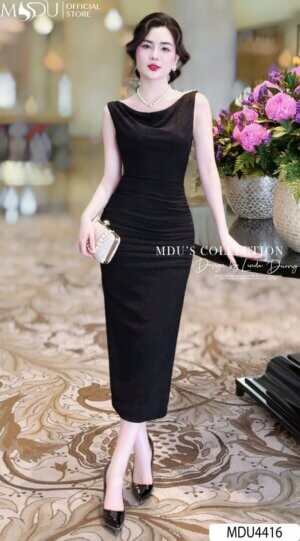 Váy Thiết Kế MDU4416 – Màu Đen Quyến Rũ Thiết Kế Cổ Thuyền Độc Đáo Phối Thêm Chuỗi Ngọc Đính Tinh Tế
