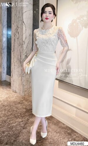 Váy Thiết Kế MDU4460 Cổ Tròn Thanh Lịch Hoa Thuê Tinh Xảo