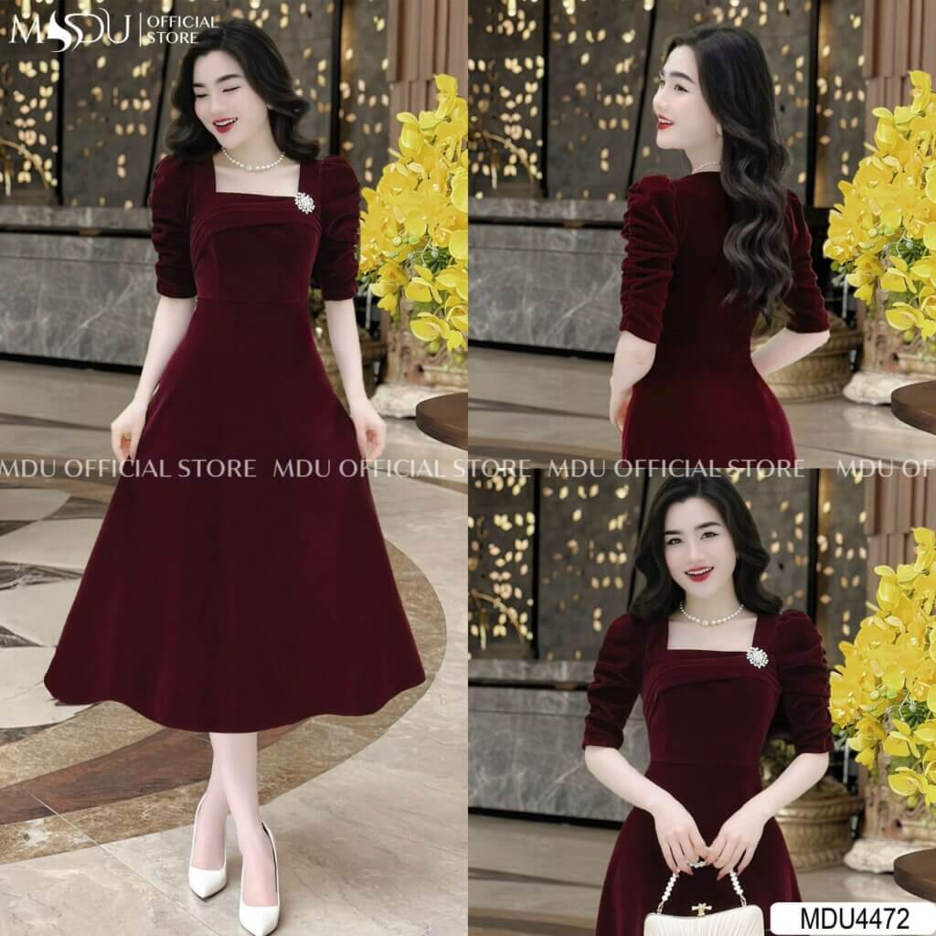 Đầm Dự Tiệc Cổ Vuông Nhung Cao Cấp