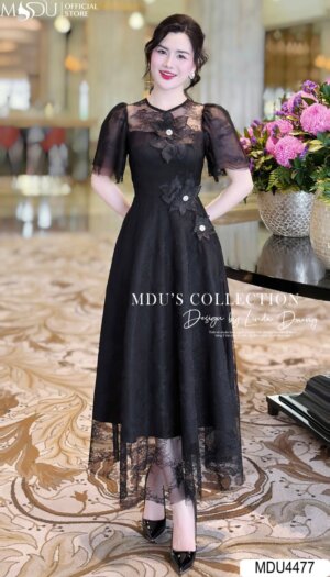 Váy Dáng Xòe MDU4477 Màu Đen Cùng Hoa Thêu Nổi Bật