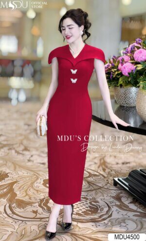 Váy Thiết Kế MDU4500 – Màu Đỏ Quyến Rũ Cổ Chữ V Cách Điệu Đính Đá Tinh Tế