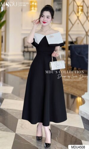 Váy Thiết Kế MDU4508 Trễ Vai Phối Màu Nghệ Thuật