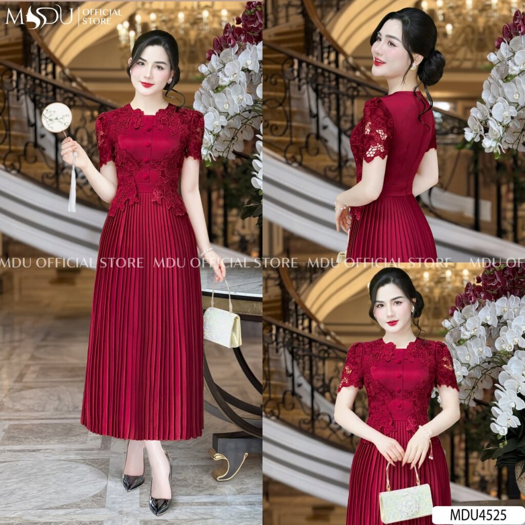 Váy Thiết Kế MDU4525 Màu Đỏ Đô Phối Ren Hoa Hồng Tinh Tế