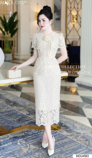 Váy Thiết Kế MDU4563 Màu Kem Sang Chảnh Thắt Nơ Điệu Đà