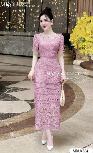 Váy Thiết Kế MDU4584 Màu Hồng Phối Ren Cao