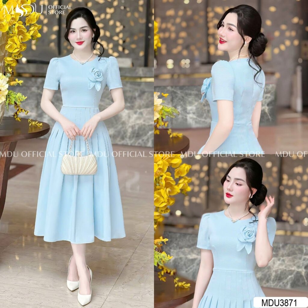 Váy Dự Tiệc Màu Xanh Đính Hoa Ngực Độc Đáo 