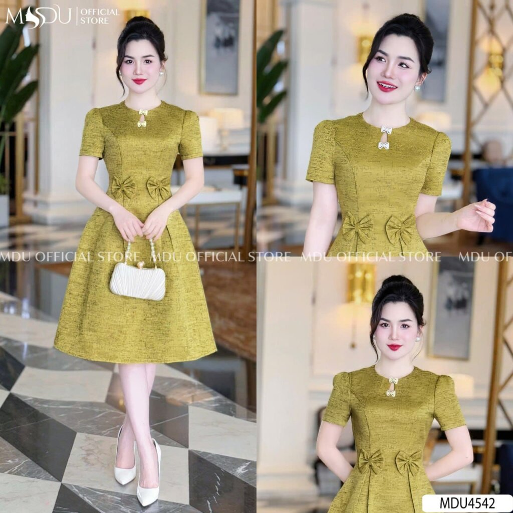 Váy Dự Tiệc Màu Xanh Oliu Ánh Vàng Bắt Mắt