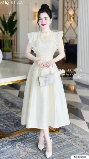 Váy Thiết Kế MDU3396 Màu Kem Dáng Xòe Đính Hoa